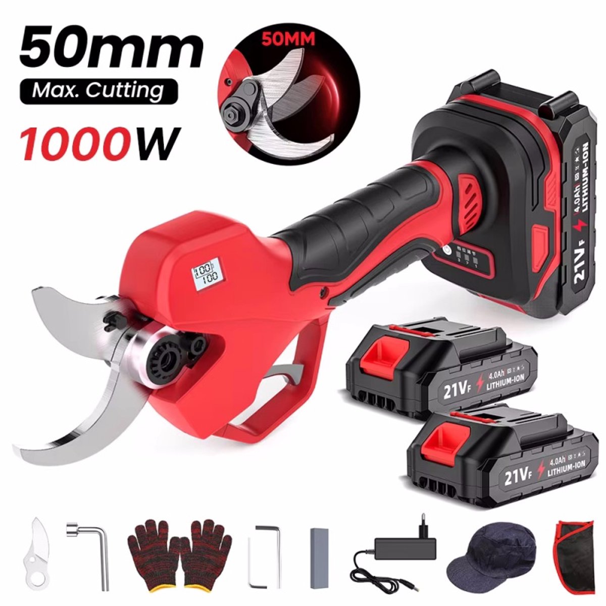 Elektrische Snoeischaar - 1000W - 50MM - Borstelloos - 2 Stuks Batterij