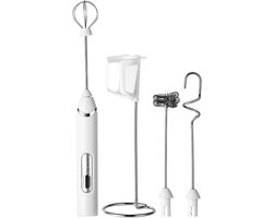 Elektrische melkopschuimer - draagbare melkschuimer voor koffie, warme chocolademelk en eieren - 3 standen, 1200 mAh accu - wit - 26 x 3 x 3 cm - ABS
