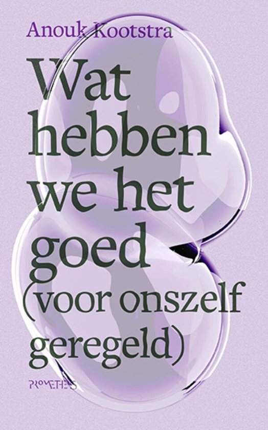 Boek "Wat hebben we het goed (voor onszelf geregeld)" met tekst op een paarse achtergrond met transparante bubbels.