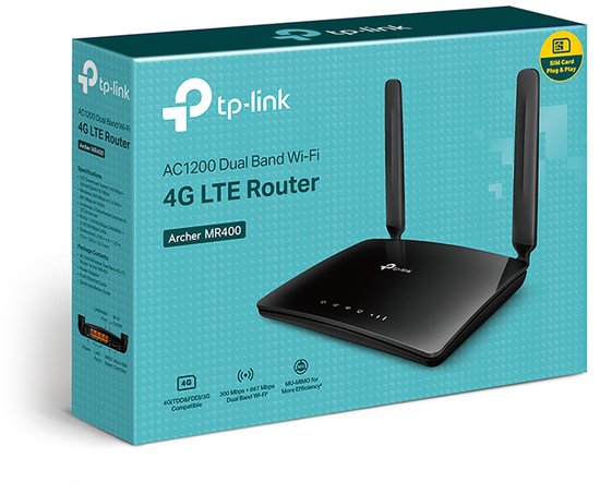 TP-Link Archer MR400 4G LTE Router, zwart, met twee antennes. Doos met specificaties en logo's.