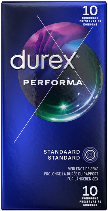 Durex Performa condoomverpakking in donkerblauw met paarse en groene cirkels. Bevat 10 standaard condooms.