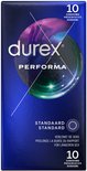 Durex Performa condoomverpakking in donkerblauw met paarse en groene cirkels. Bevat 10 standaard condooms.