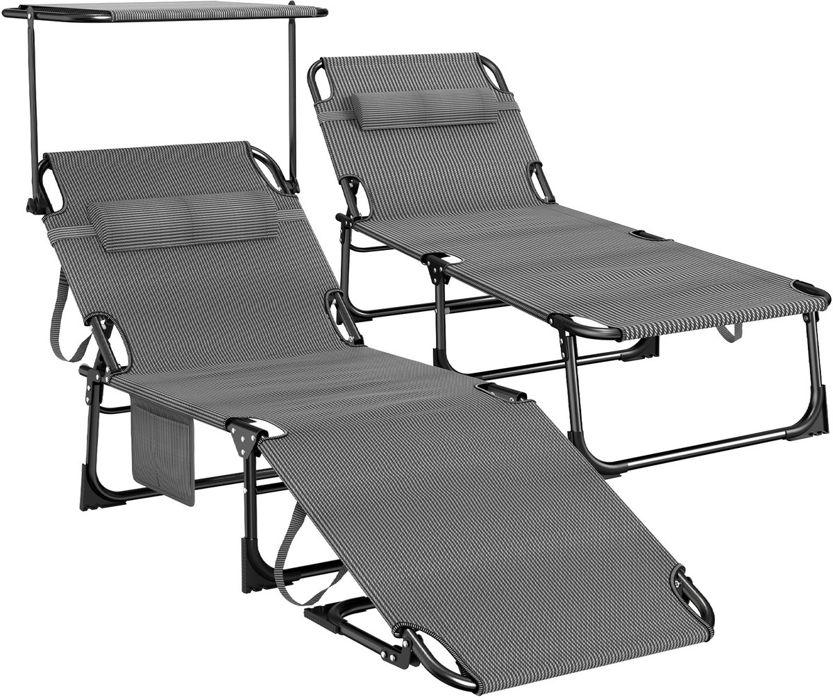 Soontrans - Strand Ligstoel Opvouwbaar - Zonnebed In 4 Standen Verstelbare Rugleuning - Ligbed Met Hoofdsteun - Ligstoel Met Gezichtsopening - Tuinligstoel Inclusief Zijvakken - Draagbare Strandligstoel - Ligstoel met Zonneluifel - Zwart-2pcs