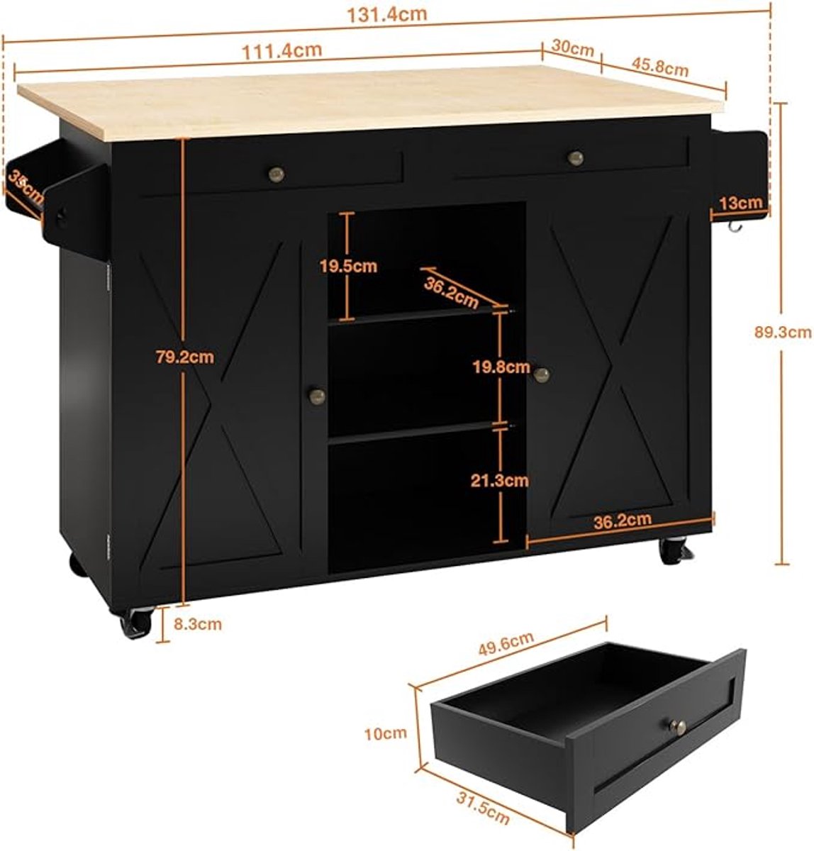 Keukeneiland op Wielen met Inklapbaar Werkblad 131,3 x 44,7 x 89,2 cm – Mobiel Keukeneiland met Opbergkast, Kruidenrek en Handdoekhouder – Zwart – Laura