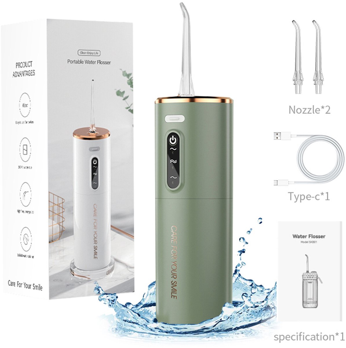 Elektrische Monddouche – 280ml Waterreservoir, 1200mAh Batterij, IPX7 Waterdicht, 3 Reinigingsstanden, Type-C Opladen
