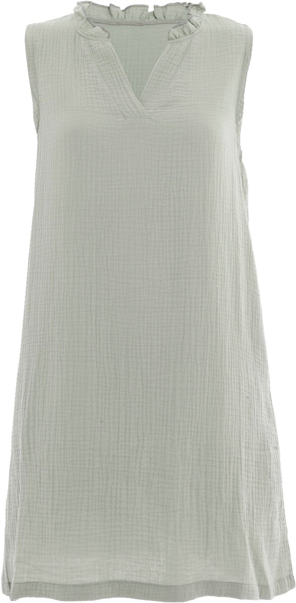 Knit Factory Sola Dames jurk - Zomerjurk - Casual dames jurk - Luchtige Mousseline Jurk - Zomer kleedje - 100% Ecologisch Katoen - V-hals - Tot net boven de knie - Olive Mist - 36/38