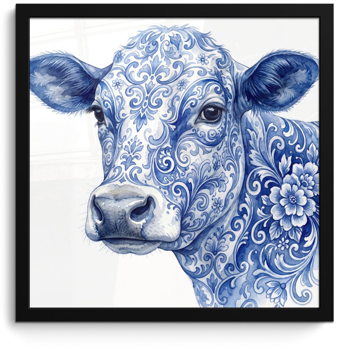 FrameYourWall Poster in lijst - Fotolijst 40x40 cm - Posters - Illustratie - Koe - Blauw - Posterlijst zwart - Decoratie - Wanddecoratie woonkamer - Muurdecoratie slaapkamer