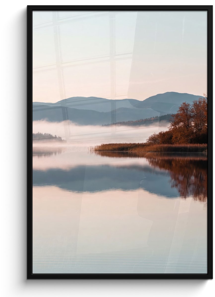 FrameYourWall Poster in lijst - Fotolijst 80x120 cm - Posters - Water - Bomen - Mistlaag - Posterlijst zwart - Decoratie - Wanddecoratie woonkamer - Muurdecoratie slaapkamer