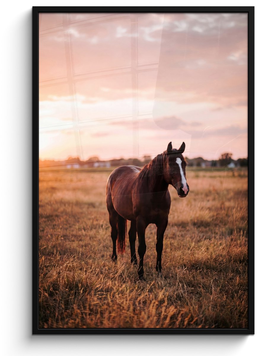 FrameYourWall Poster in lijst - Fotolijst 80x120 cm - Posters - Paard - Zonsondergang - Bruin - Posterlijst zwart - Decoratie - Wanddecoratie woonkamer - Muurdecoratie slaapkamer Multicolor