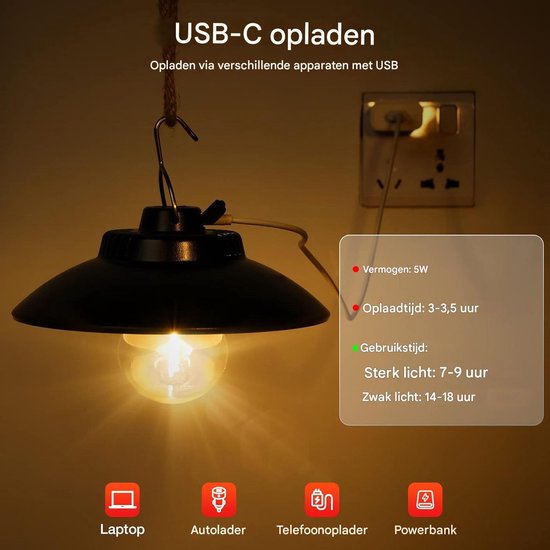longziming - Kampeerlamp - Camping Lantaarn - Tent Verlichting - Retro ontwerp van aluminium - Twee helderheidsstanden, tot 20 uur batterijduur - IPX4 waterbestendig, geschikt voor buiten - USB-C oplaadbaar, snel en eenvoudig — afbeelding 3