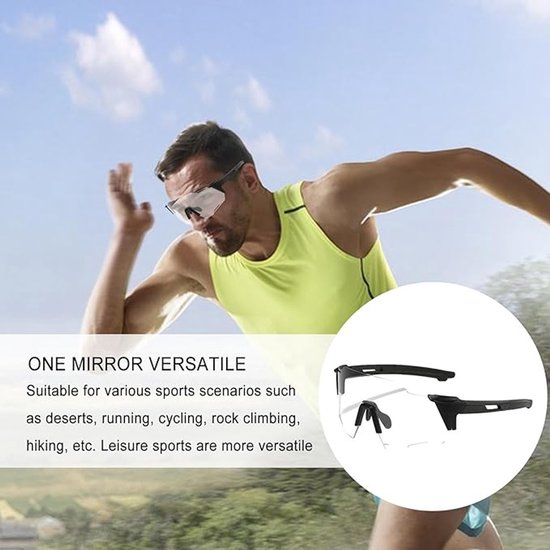 Man met sportbril tijdens het hardlopen, met een close-up van de zwarte en transparante sportbril.