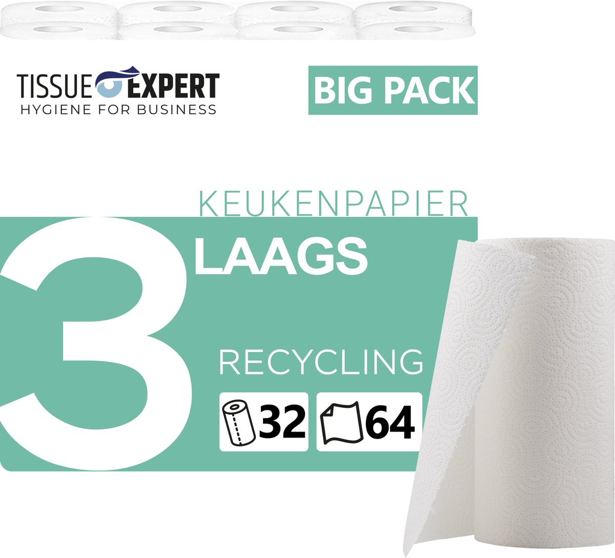 TISSUE EXPERT Keukenrollen Gerecycled 3-Laags 32 Rollen x 64 Vellen - 100% Gerecycled Papier, Zeer Absorberend, Scheurvast en Betrouwbaar, Geschikt voor Huishouden en Bedrijf, Made in Germany
