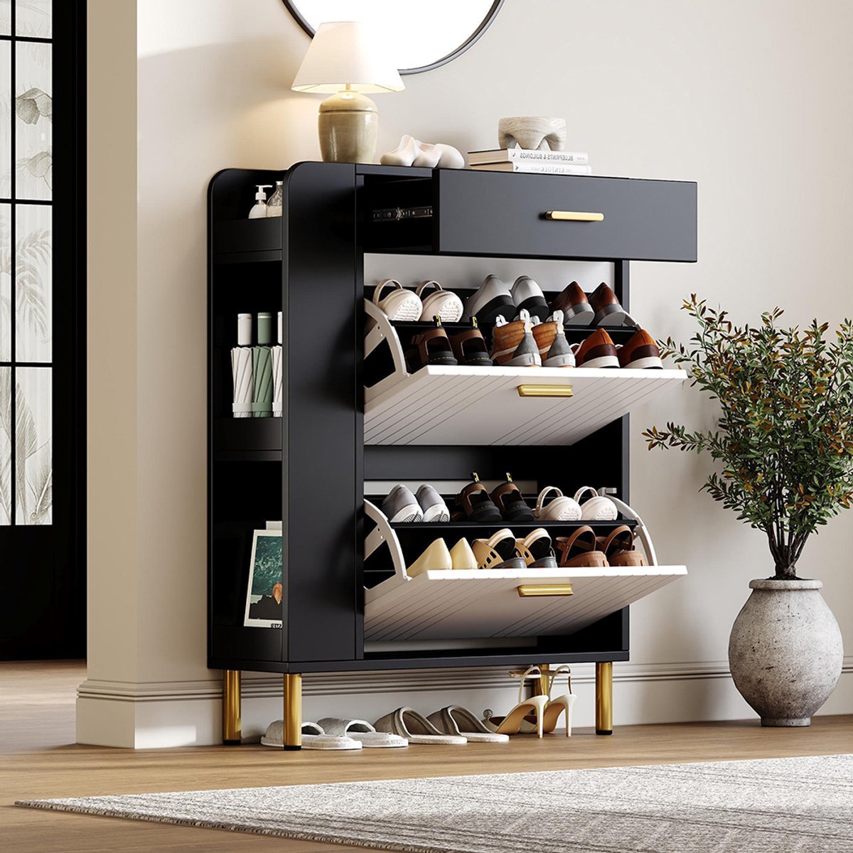 BLACKCOLORS Smalle schoenenkast met 2 kleppen, 1 lade, 3 open vakken – vrijstaand meubel, ideaal voor de gang en de hal, zwart en wit, B80 x D24 x H105 cm