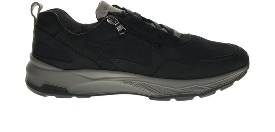 Donkerblauwe sneaker met rits en veters, grijze zool.