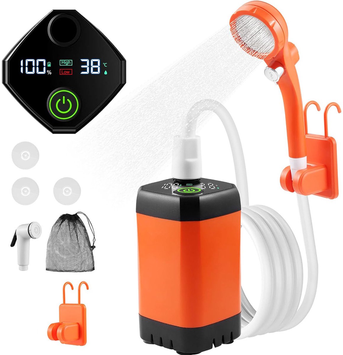 Draagbare Camping Douche met USB Opladen - 6000mAh Accu - Digitale Temperatuurweergave - 3 Waterstanden & Stopknop - Buitendouche - Tuindouche - Draagbare Douche - Mobiele Douche