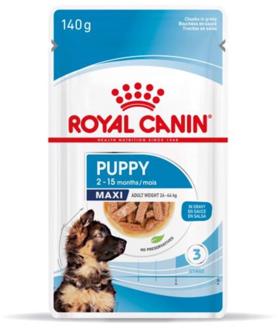 Royal Canin Maxi Puppy natvoer in saus, zonder conserveermiddelen, 140g.