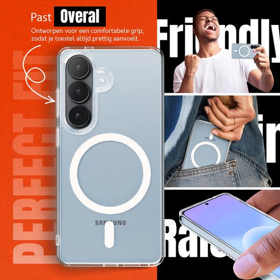 Transparant hoesje met MagSafe ring, wordt vastgehouden door handen.
