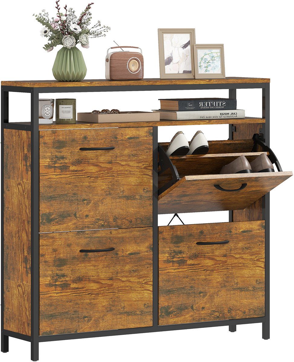 Schoenenkast - Smalle Kast 4 Kleppen - Met Open Plank - Industrieel Design - Voor Hal & Gang - Bruin