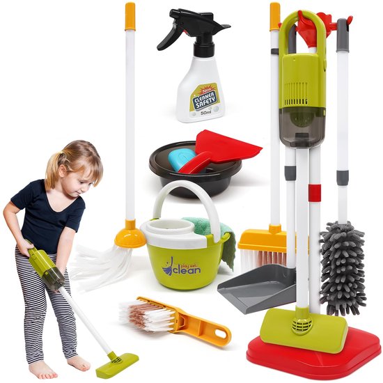 Schoonmaakset voor peuters - 14-delige speelgoedset voor kinderen - inclusief een 2-in-1 stofzuiger die echt werkt - Speelset voor het naspelen van huishoudelijke taken voor peuters van 3-7 jaar - Kerst- of verjaardagscadeau voor meisjes en jongens