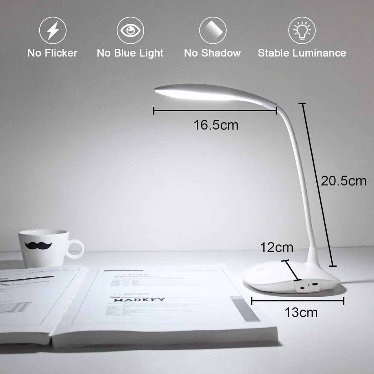 GLOBEREXSPAINSOLUCIONESSLU LED-bureaulamp, LED-leeslamp met USB-kabel, 15 LED's, 3 helderheidsniveaus, 360° flexibel, 1200 mAh, touchbediening, oogbescherming, voor studie en lezen thumbnail 2