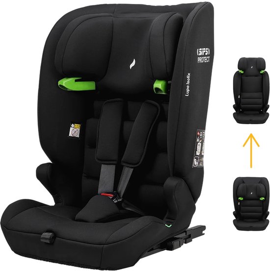 Osann Lupo kinderzitje, i-Size van 76 tot 150 cm, meegroeiend autokinderzitje zonder Isofix, 3-puntsgordel - Zwart