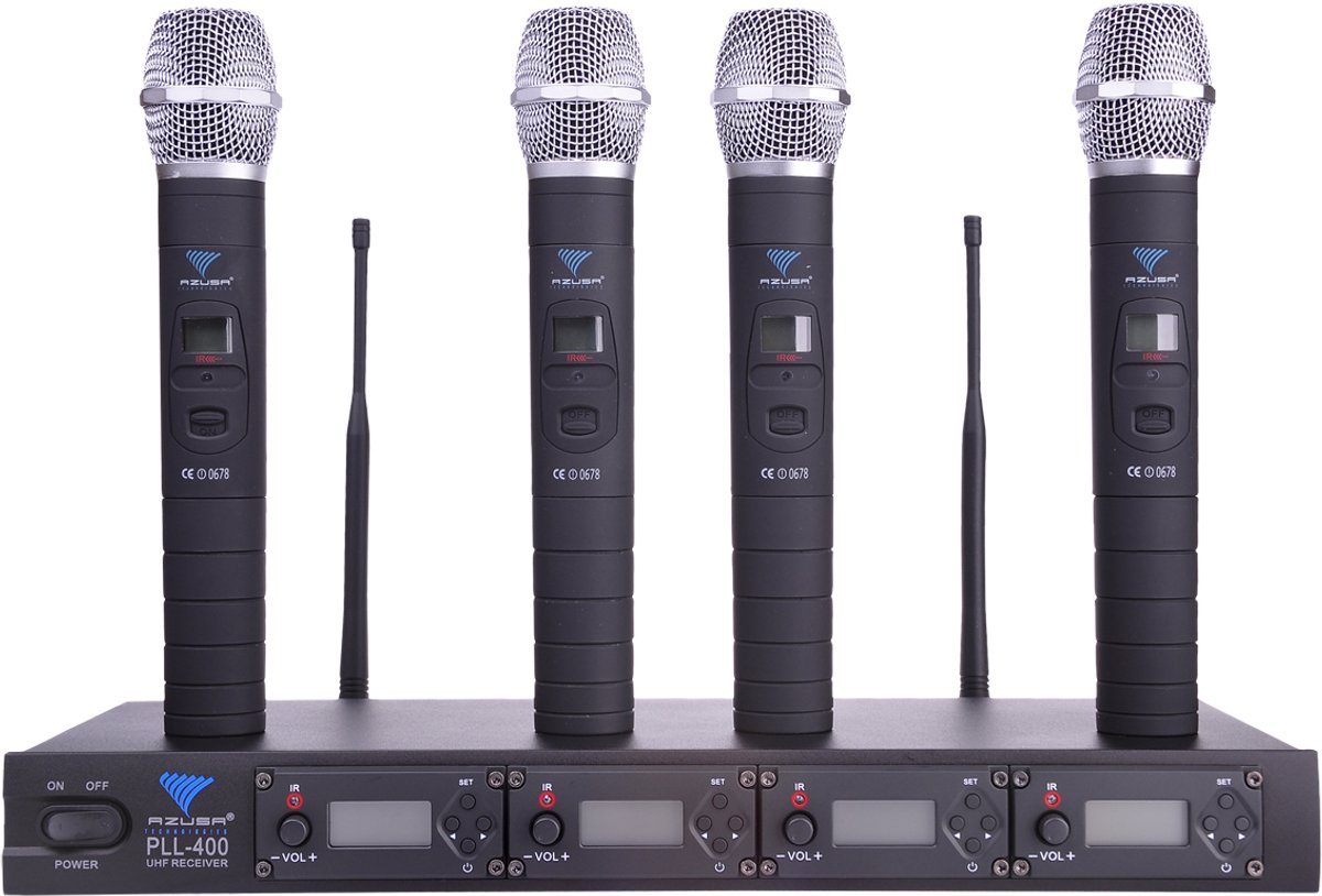 AZUSA PLL-400 Serie - Draadloze Microfoon Set - 4 Handmicrofoons - UHF - 100 Kanalen