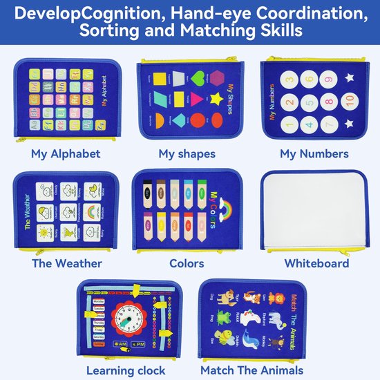 Busy Board Voor Peuters, 20-In-1 Montessori-Sensorisch Speelgoed, Reisspeelgoed Voor Het Leren Van Fijne Motoriek, Educatief Speelgoed Voor Kleuters, Cadeau, Voor Jongens En Meisjes, 1 Stuk Blauw — afbeelding 5