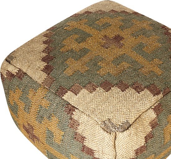 Lichtgroene poef met geometrisch patroon in okergeel en bruin, van jute.