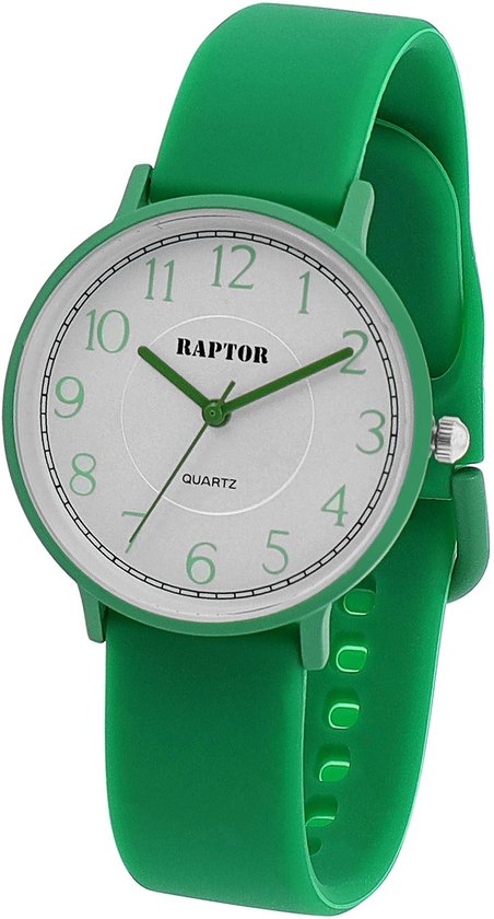 Groen Raptor horloge met witte wijzerplaat, groene cijfers, groene wijzers en groene band.