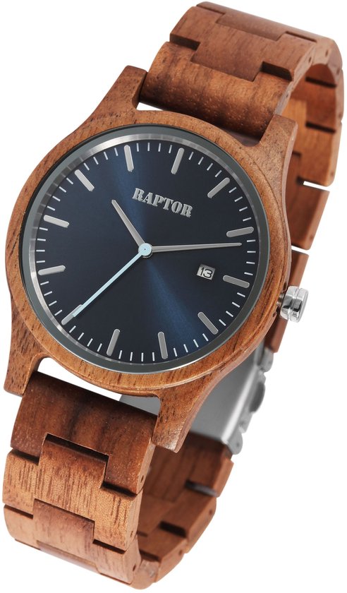 Houten Raptor horloge met blauwe wijzerplaat, datumvenster en zilverkleurige details.