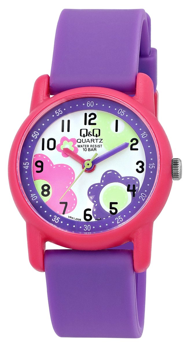 QQ kinderhorloge VR41J006Y paarse banden roos horlogekast met bloemendesign