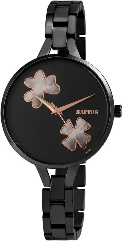 Zwart dameshorloge van Raptor met twee klaverbladvormige motieven op de wijzerplaat en roségouden wijzers.