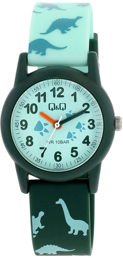 Donkergroen horloge met lichtgroene wijzerplaat en dinosaurussenprint op de band.