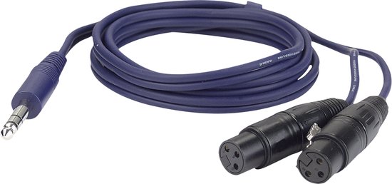 Een 150 cm lange, donkerblauwe kabel met een stereo jackplug aan de ene kant en twee XLR female connectoren aan de andere kant.