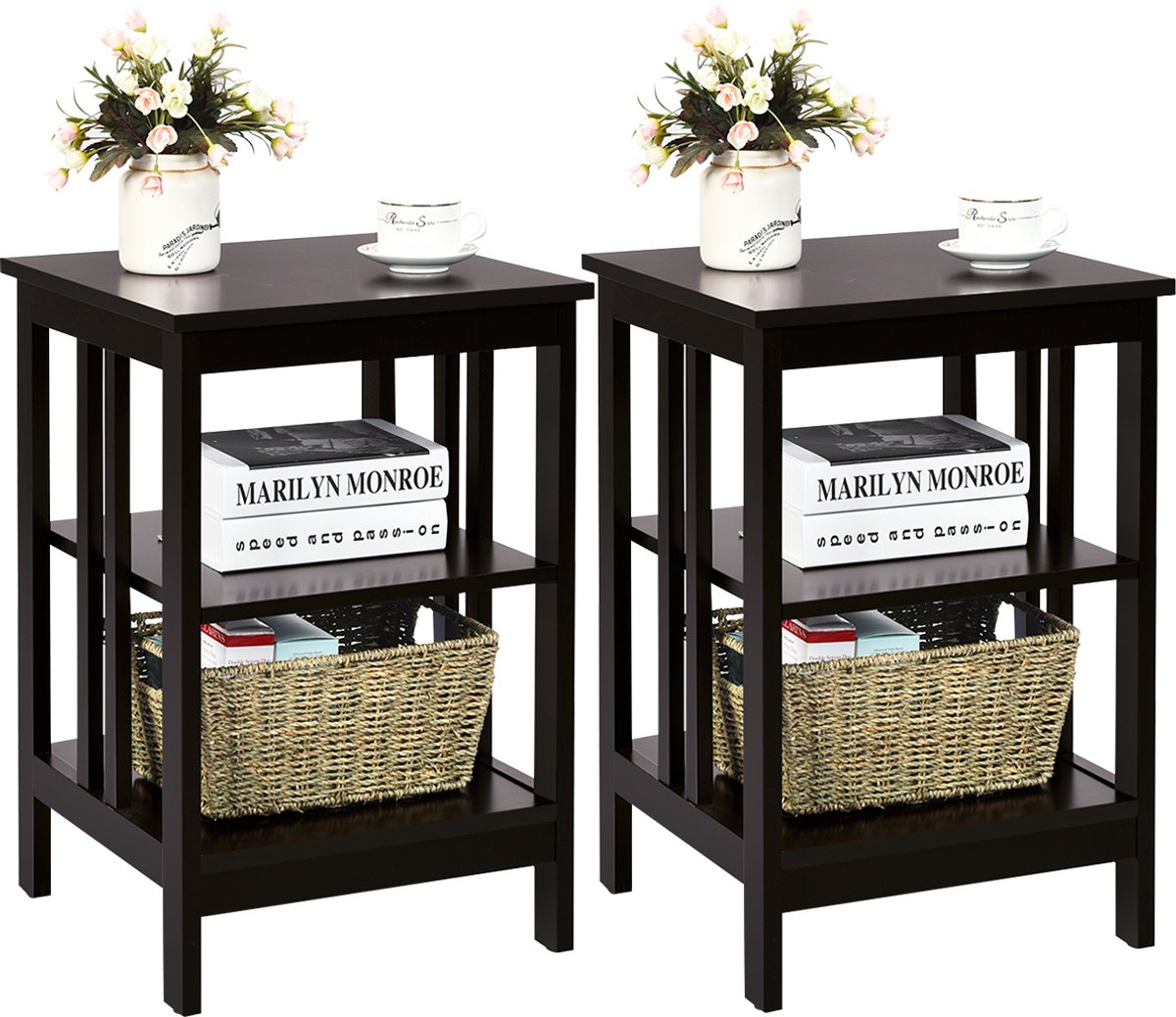 Set van 2 Nachttafels met 3 Niveaus - Houten Keuken- en Woonkamertafel - Compacte Koffietafel, 40 x 40 x 61 cm