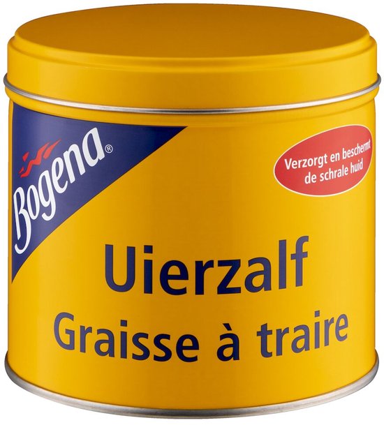 Gele pot met blauwe en rode tekst. Biedt bescherming en verzorging voor de droge huid.