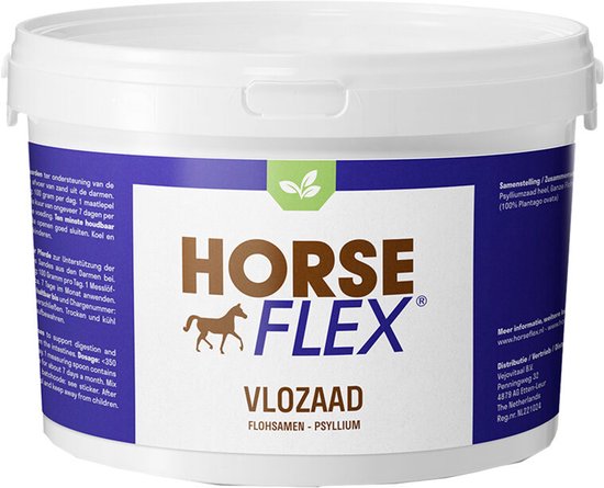 Witte emmer met blauw-paars label. Het label toont HORSE FLEX in bruine en blauwe letters, met een paard silhouet.