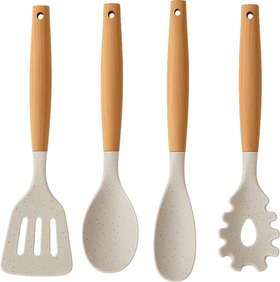 Cookinglife Spatelset - Bakspaan, opscheplepel, saladelepel & spaghettilepel - Houten handvatten - - Spatula set- Hout beige 4-delig Siliconen koppen - 310-315 mm