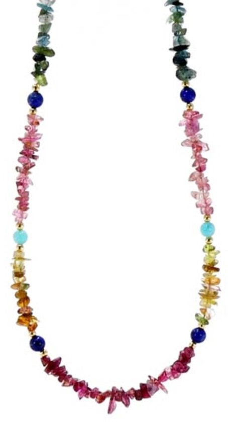 Een U-vormige ketting van multicolor toermalijn met lapis lazuli en amazoniet accenten.