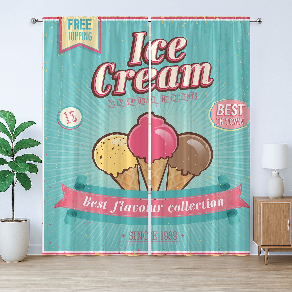 ABAKUHAUS IJzig Rustiek Gordijn, Tekst bovenaan, met Bandjes voor de Woonkamer, Lussen en Haken, 280 x 225 cm, Zeegroen Roze Lichtgeel
