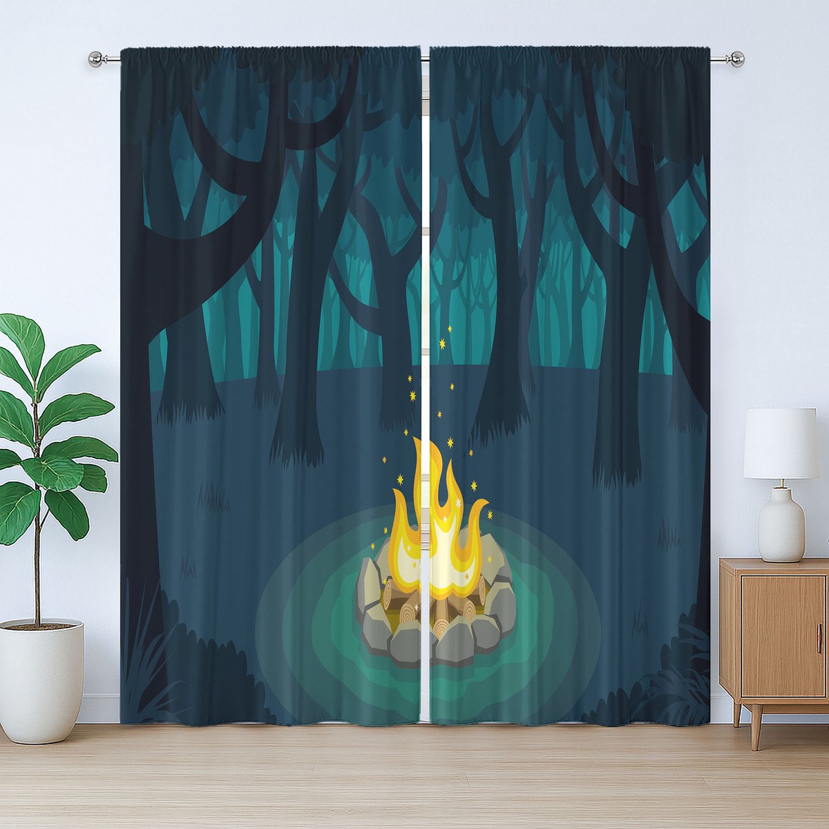 ABAKUHAUS Happy Camper Rustiek Gordijn, Kampvuur Bosnacht, met Bandjes voor de Woonkamer met Lussen en Haken, 280 x 175 cm, Donkerpaars Blauwgroen
