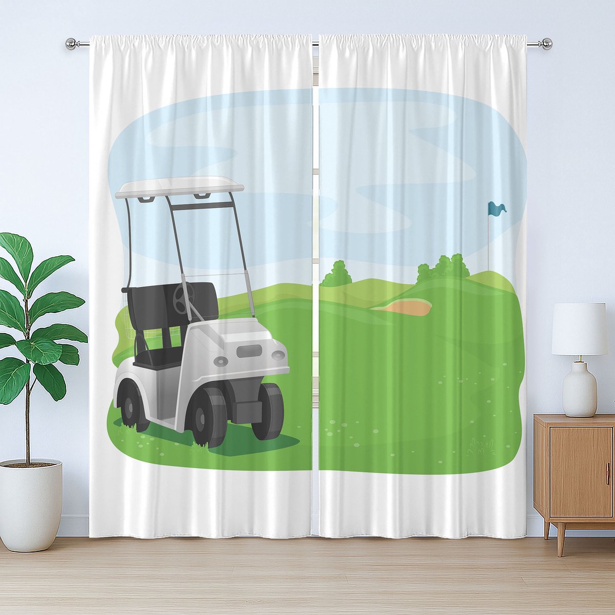 ABAKUHAUS Golfbaanscène Rustiek Gordijn, Auto en Veld, Slaapkamer Gordijn met Plooiing, Lu