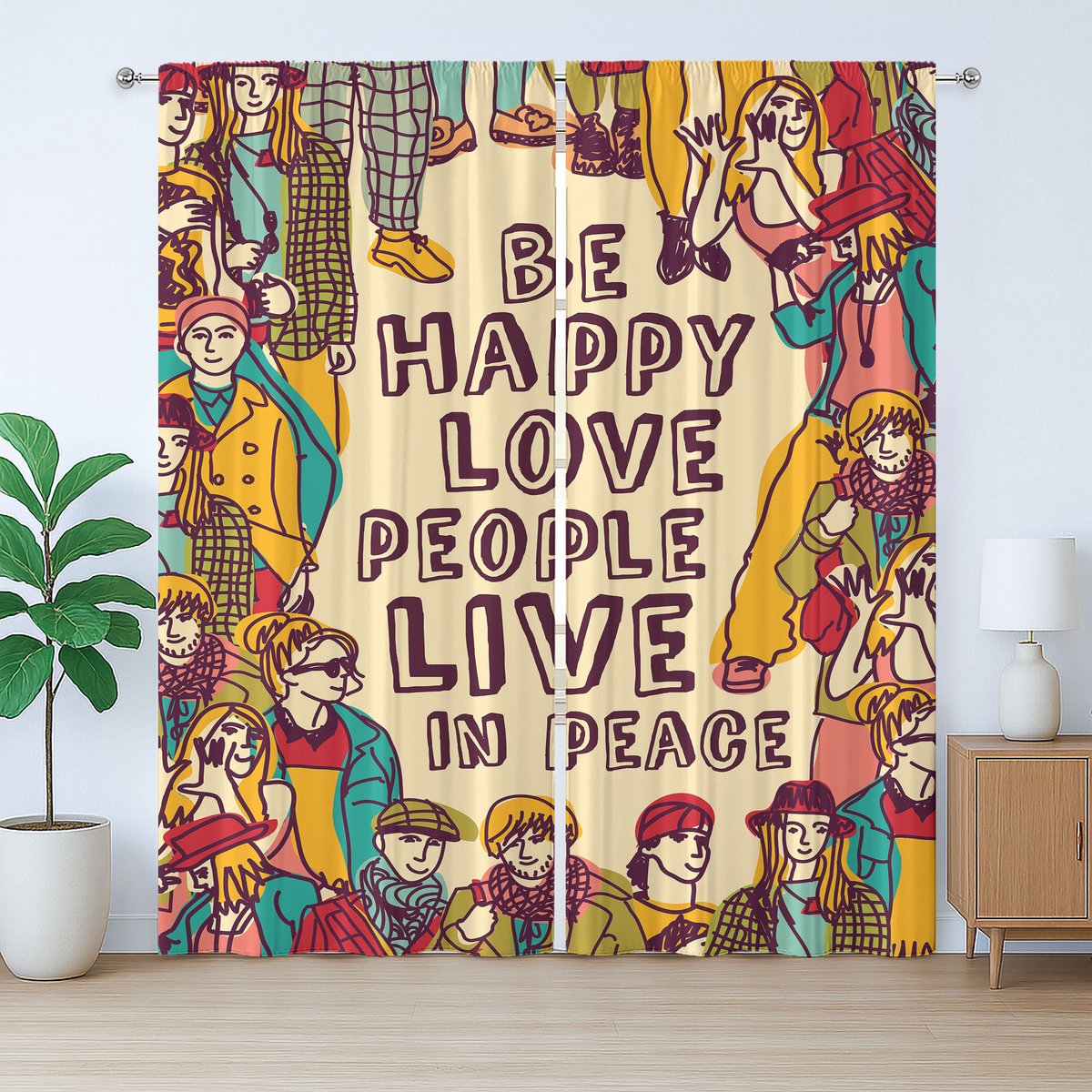 ABAKUHAUS Rustiek gordijn met citaat, Liefde, Vrede en Motivatie, met lussen en haken voor de woonkamer, 280 x 175 cm, Meerkleurig