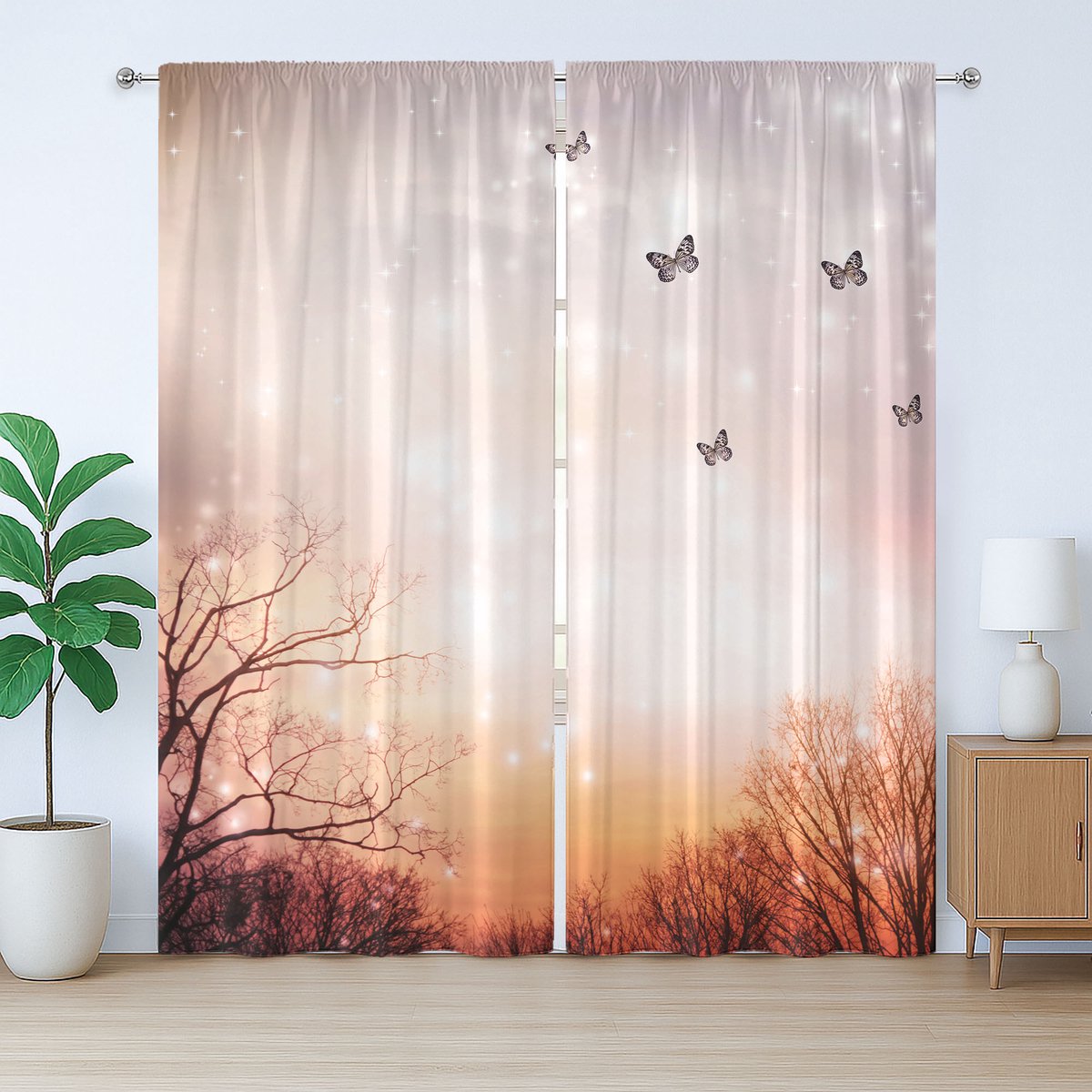 ABAKUHAUS Fantasy Rustiek Gordijn, Vlinders, Bomen, Lucht, Slaapkamergordijn met lussen en haken, 280 x 225 cm, Babyroze Oranje