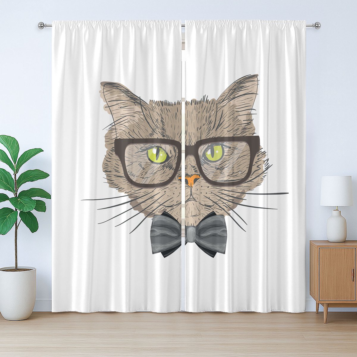 ABAKUHAUS Geek Rustic Gordijn, Urban Stijl Hipster Kat, Universele Gordijnen met Bandjes, Lusjes en Haken voor de Woonkamer, 280 x 225 cm, Multicolor