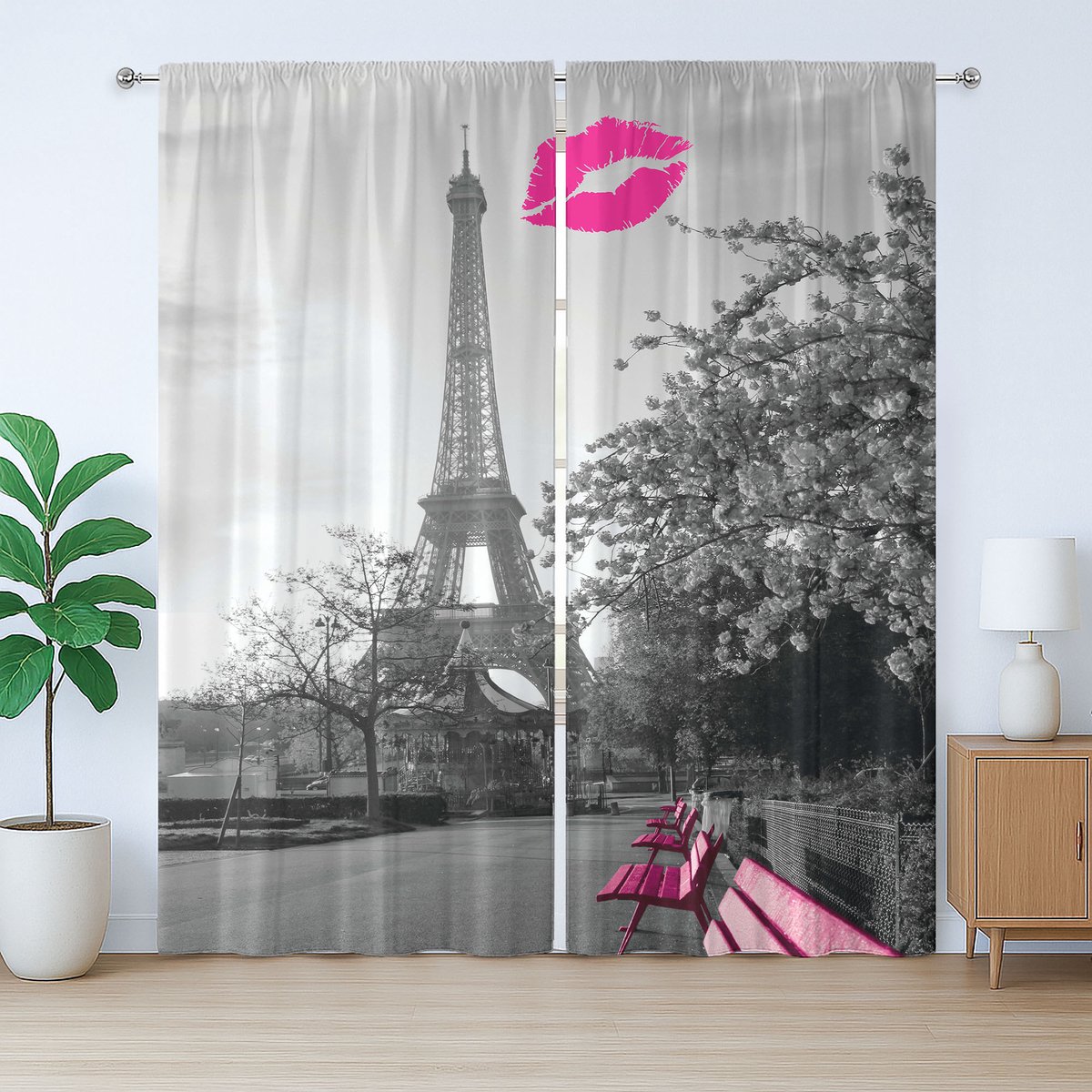 ABAKUHAUS Parijs rustiek gordijn, romantische stad en een kus, slaapkamergordijn met plooien, lussen en haken, 280 x 225 cm, zwart wit roze