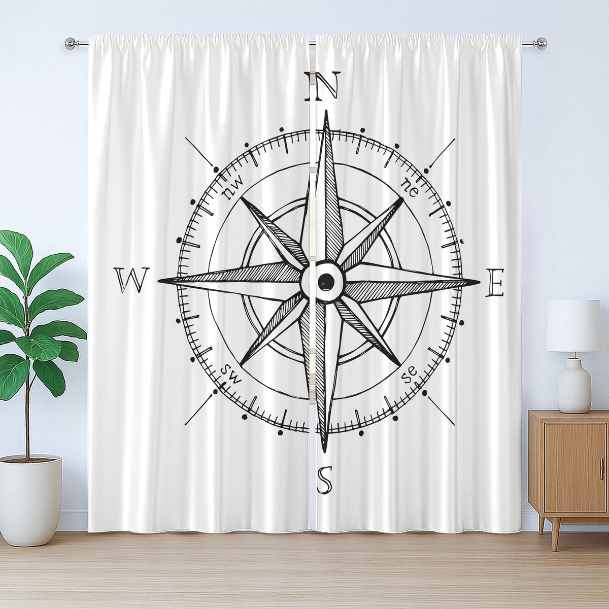 ABAKUHAUS Rustiek Kompas Gordijn, Windroos, Slaapkamer Gordijn met Plisséband, Lussen en Haken, 280 x 225 cm, Wit Zwart