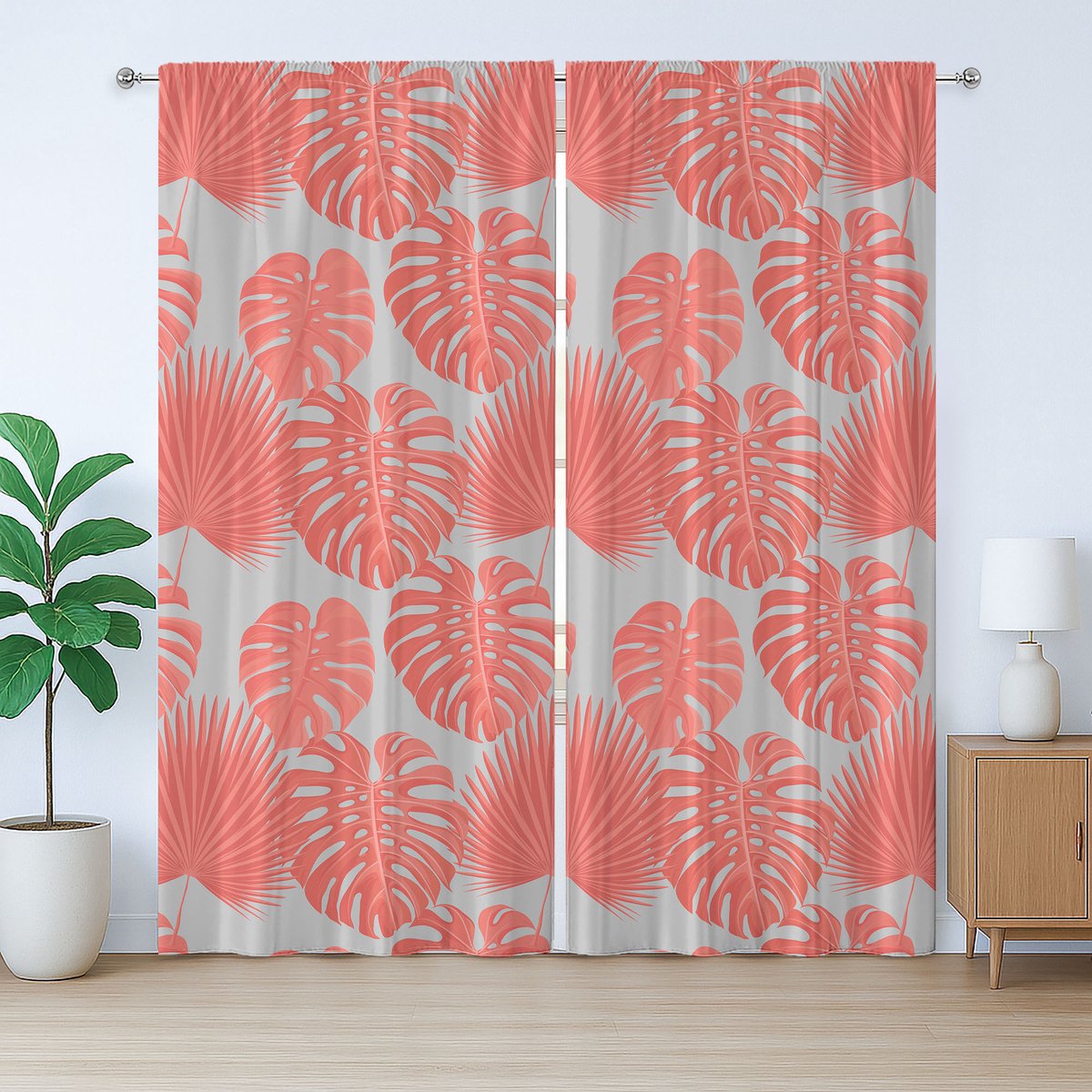 ABAKUHAUS Tropisch rustiek gordijn, exotische Monstera-plantage, slaapkamergordijn met plooien, lussen en haken, 280 x 260 cm, lichtgrijs en zalmkleur