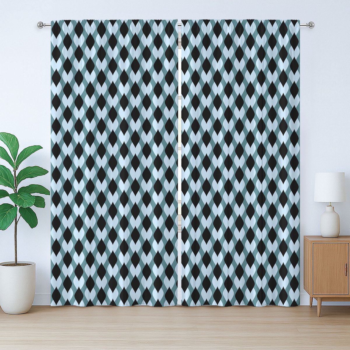 ABAKUHAUS Geometrisch rustiek gordijn, surrealistisch bladpatroon, slaapkamergordijn met plooien, lussen en haken, 280 x 245 cm, blauwgrijszwart
