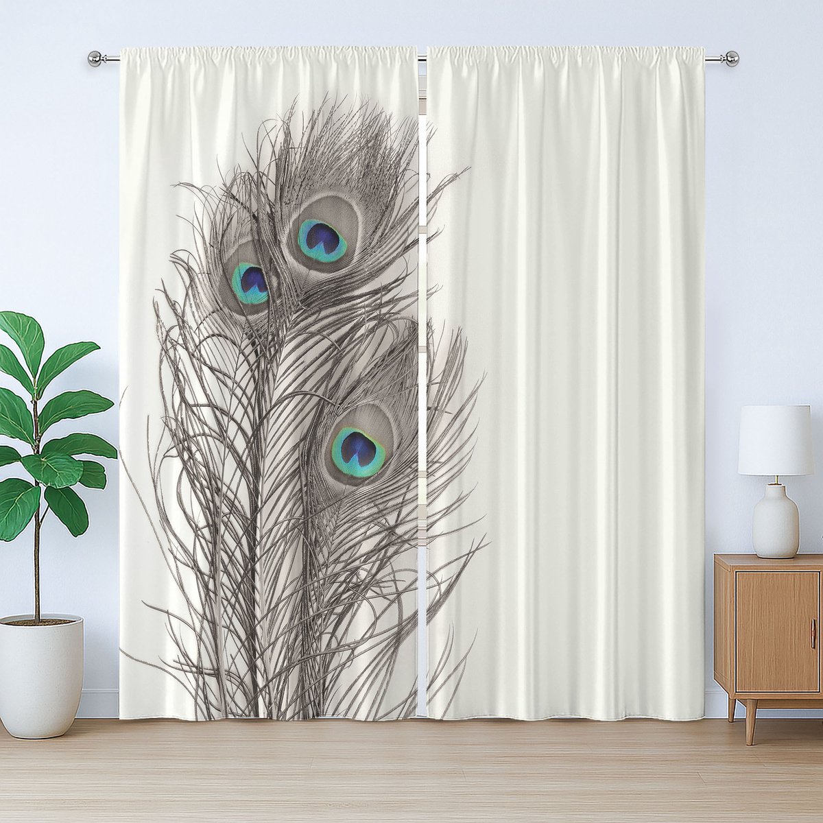 ABAKUHAUS Rustiek gordijn met pauwenmotief, exotische vogelveren, met lussen en haken voor de slaapkamer, 280 x 225 cm, wit, taupe en blauw